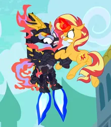 Size: 2500x2839 | Tagged: safe, artist:gmaplay, derpibooru import, sunset shimmer, oc, oc:banshee, kirin, nirik, pony, unicorn, fanfic:legend of black unicorn, equestria girls, g4, armor, cute, female, fight, gundam, gundam banshee, gundam unicorn, horn, image, kirin oc, mare, png, shimmerbetes, solo