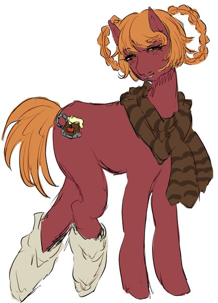 Size: 1478x2048 | Tagged: safe, artist:parasiteco, ponerpics import, oc, oc:foxwhelp, unofficial characters only, earth pony, pony, braid, clothes, female, foxwhelp, ginger mane, hazel eyes, image, jpeg, mare, orange mane, photo, red coat, scarf, simple background, socks, solo, standing