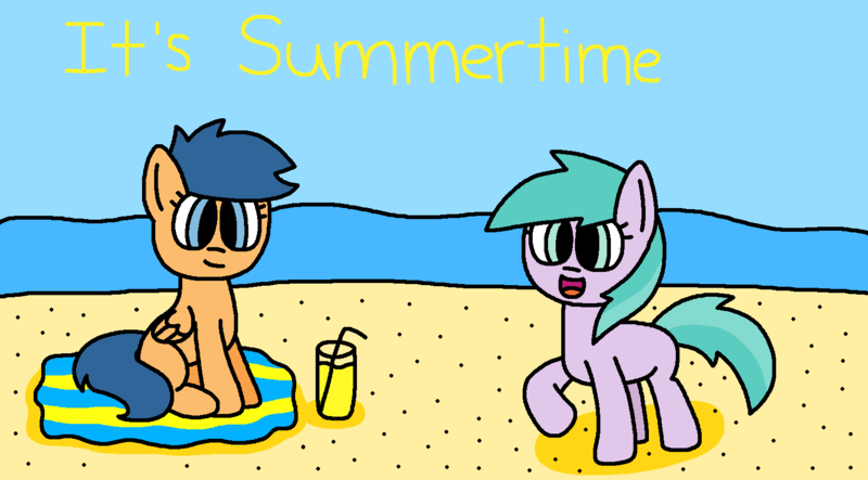 Size: 1576x872 | Tagged: safe, artist:gillianthecreator36, derpibooru import, first base, earth pony, pegasus, pony, g4, aura (g4), beach, beach blanket, best friends, blank flank, closed mouth, cute, drink, duo, female, filly, foal, folded wings, friends, hooves, image, juice, lemonade, open mouth, open smile, pegasus first base, png, race swap, raised hoof, sand, sitting, smiling, summer, summertime, water, wings