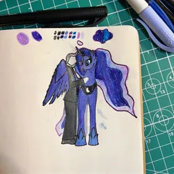 Size: 3024x3024 | Tagged: safe, artist:anonymous, derpibooru import, princess luna, alicorn, human, pony, g4, /bale/, beginner artist, clothes, cutting mat, duo, duo male and female, female, front view, highlighter drawing, hoof shoes, hug, human and pony, image, ink drawing, jpeg, luna's crown, male, man, mare, necktie, peytral, side view, standing, suit, traditional art, winghug, wings