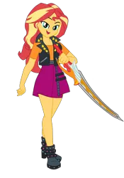 Size: 2437x3480 | Tagged: safe, artist:gmaplay, derpibooru import, sunset shimmer, human, equestria girls, g4, boots, clothes, image, kamen rider ryuki, png, shoes, simple background, solo, sword, transparent background, weapon