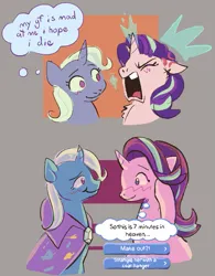 Size: 619x793 | Tagged: safe, derpibooru import, starlight glimmer, trixie, pony, unicorn, g4, blushing, comic, cute, duo, female, horn, image, lesbian, png, shipping, startrix, thought bubble