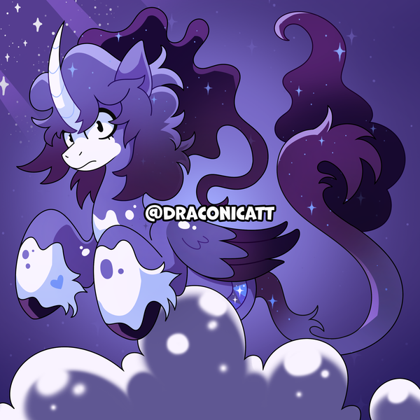 Size: 2590x2590 | Tagged: safe, artist:draconicatt, derpibooru import, oc, oc:cosmic sparkle, unofficial characters only, alicorn, alicorn oc, artfight, cloud, curved horn, folded wings, horn, image, looking at you, png, signature, solo, sparkles, tail, unshorn fetlocks, wings