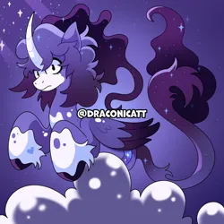 Size: 2590x2590 | Tagged: safe, artist:draconicatt, derpibooru import, oc, oc:cosmic sparkle, unofficial characters only, alicorn, alicorn oc, artfight, cloud, curved horn, folded wings, horn, image, looking at you, png, signature, solo, sparkles, tail, unshorn fetlocks, wings