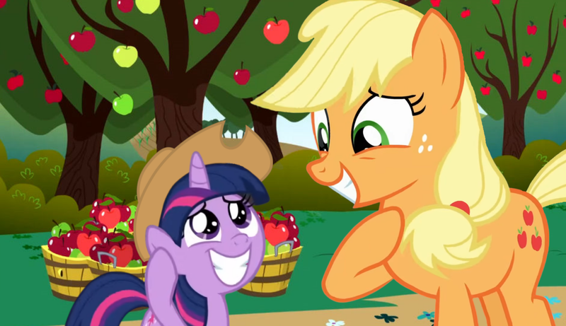 Size: 1165x672 | Tagged: safe, derpibooru import, edit, edited screencap, screencap, applejack, twilight sparkle, earth pony, pony, unicorn, g4, season 4, season 9, somepony to watch over me, sparkle's seven, spoiler:s09, apple, apple tree, applejack's hat, basket, bush, cowboy hat, cropped, cute, day, duo, female, filly, filly twilight sparkle, flower, foal, food, grass, happy, hat, hatless, hoof on chest, horn, image, looking down, looking up, mare, missing accessory, motherly, outdoors, path, png, proud, raised hoof, smol, time paradox, tree, twiabetes, unicorn twilight, wait what, wide smile, younger