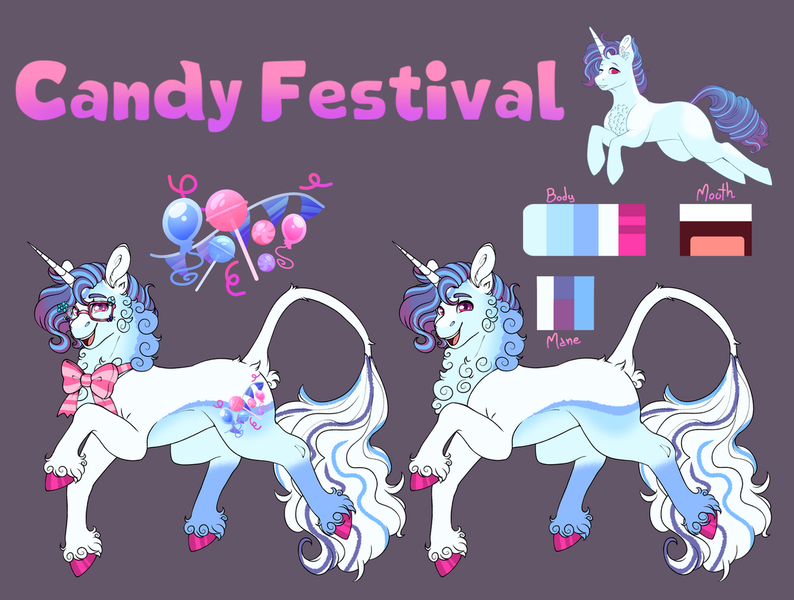 Size: 1280x967 | Tagged: safe, artist:malinraf1615, derpibooru import, oc, oc:candy festival, pony, unicorn, bowtie, glasses, horn, image, male, necktie, offspring, parent:party favor, parent:sugar belle, parents:partybelle, png, reference sheet, simple background, solo, stallion