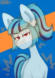 Size: 2091x2962 | Tagged: safe, artist:crashbrush, derpibooru import, sonata dusk, ponified, earth pony, pony, g4, blue fur, bust, ear fluff, female, image, looking at you, mare, png, ponytail, rainbow rocks 10th anniversary, simple background, solo, two toned mane