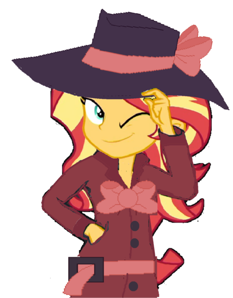 Size: 1126x1438 | Tagged: safe, artist:mlpfan3991, derpibooru import, rarity, sunset shimmer, human, display of affection, equestria girls, equestria girls series, g4, clothes, detective, detective rarity, detective shimmer, fedora, female, hat, image, my little pony equestria girls: better together, png, simple background, solo, sunset shimmer day, transparent background, trenchcoat