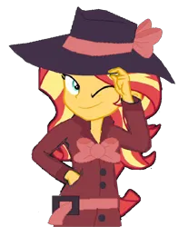 Size: 1126x1438 | Tagged: safe, artist:mlpfan3991, derpibooru import, rarity, sunset shimmer, human, display of affection, equestria girls, equestria girls series, g4, clothes, detective, detective rarity, detective shimmer, fedora, female, hat, image, my little pony equestria girls: better together, png, simple background, solo, sunset shimmer day, transparent background, trenchcoat