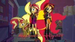 Size: 2048x1152 | Tagged: safe, artist:gaelgaming1, derpibooru import, sunset shimmer, human, pony, unicorn, equestria girls, g4, 3d, boots, clothes, female, high heel boots, horn, image, jacket, png, shirt, shoes, skirt, solo, source filmmaker, sunset shimmer day