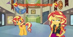 Size: 1518x772 | Tagged: safe, artist:lizzmcclin, derpibooru import, sunset shimmer, human, pony, unicorn, equestria girls, g4, canterlot high, female, horn, image, png, solo, sunset shimmer day