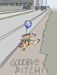 Size: 637x844 | Tagged: semi-grimdark, derpibooru import, sunny starscout, pony, g5, balloon, car, death, downvote bait, drool, end of g5, get well soon, goodbye, highway, image, op is a duck, op is trying to start shit, png, tongue out, truck, vulgar