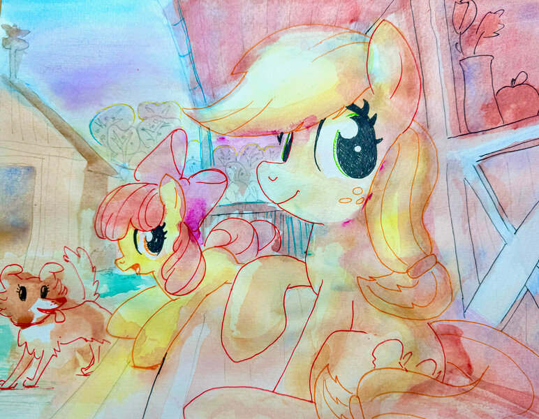 Size: 3300x2565 | Tagged: safe, derpibooru import, apple bloom, applejack, winona, dog, earth pony, pony, g4, duo, female, filly, foal, image, jpeg, mare, sweet apple acres, traditional art, watercolor painting