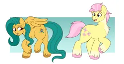 Size: 1555x803 | Tagged: safe, artist:lulubell, derpibooru import, fluttershy, hitch trailblazer, earth pony, pegasus, pony, g4, g5, abstract background, cutie mark swap, duo, image, palette swap, png, recolor