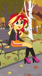 Size: 4203x7464 | Tagged: safe, artist:moogood, derpibooru import, sunset shimmer, human, equestria girls, g4, absurd resolution, autumn, autumn leaves, bench, boots, clothes, complex background, cute, cutie mark, cutie mark on clothes, equinox, fall equinox, female, happy, high heel boots, image, jacket, leaf, leaves, looking up, outdoors, park, park bench, png, shimmerbetes, shoes, signature, sitting, skirt, smiling, solo, sunset shimmer day, tanktop, tree, vector