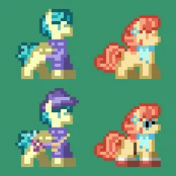 Size: 2900x2900 | Tagged: safe, artist:gmodponies, derpibooru import, aunt holiday, auntie lofty, earth pony, pegasus, pony, clothes, digital art, duo, duo female, ear piercing, fedora, female, green background, hat, image, piercing, pixel art, png, scarf, shoes, simple background, sunglasses, sweater, the magic of cybertron