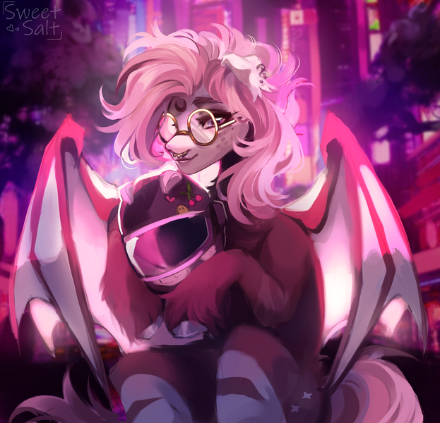 Size: 3702x3567 | Tagged: safe, artist:sweettsa1t, derpibooru import, oc, bat pony, pony, bat pony oc, bat wings, city, ear piercing, earring, female, freckles, glasses, helmet, high res, hoof hold, image, jewelry, looking at you, mare, piercing, png, round glasses, sitting, solo, unshorn fetlocks, wings