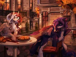 Size: 2560x1920 | Tagged: safe, artist:sweettsa1t, derpibooru import, oc, unofficial characters only, alicorn, pegasus, pony, autumn, chest fluff, commission, duo, duo female, ear piercing, earring, falling leaves, feathered fetlocks, female, high res, image, jewelry, leaves, lidded eyes, mare, pale belly, piercing, png, pumpkin, pumpkin pie, sitting, smiling