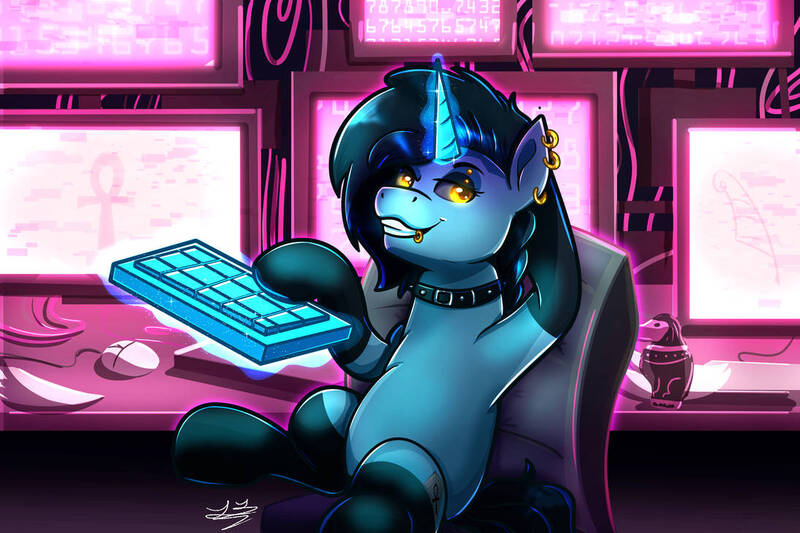 Size: 1095x730 | Tagged: safe, artist:littletigressda, derpibooru import, oc, oc:tansha, mouse, pony, unicorn, art contest, clothes, collar, computer, cyberpunk, ear piercing, egyptian, female, hacker, horn, image, jpeg, keyboard, lip piercing, mare, monitor, piercing, pink background, science fiction, setting: neo somnambula, simple background, socks, solo, stockings, thigh highs