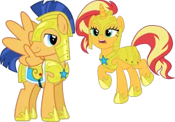 Size: 3354x2348 | Tagged: safe, artist:chainchomp2, artist:gmaplay, derpibooru import, edit, vector edit, flash sentry, sunset shimmer, pegasus, pony, unicorn, equestria girls, g4, three's a crowd, armor, clothes, cute, duo, duo male and female, female, flashimmer, guardsmare, horn, image, male, mare, png, royal guard, shimmerbetes, shipping, simple background, spread wings, stallion, standing, straight, sunset shimmer day, transparent background, vector, wings