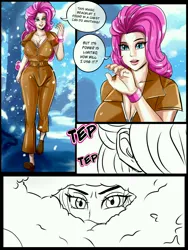 Size: 3000x4000 | Tagged: safe, artist:iloveladies2, artist:riiefu, derpibooru import, pinkie pie, human, fanfic:equestria girls n' goblins, bracelet, clothes, comic, human coloration, humanized, image, jerky turkey, jewelry, jpeg, jumpsuit, shoes, wip