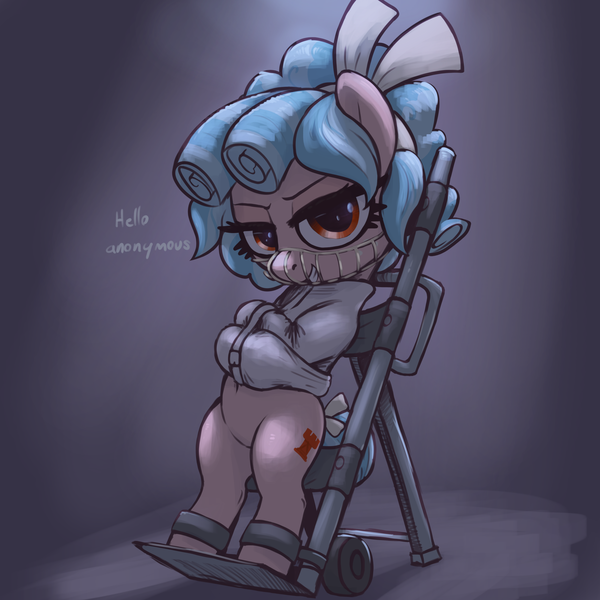 Size: 3000x3000 | Tagged: safe, alternate version, artist:t72b, derpibooru import, cozy glow, pegasus, pony, bipedal, bondage, bow, cart, female, filly, foal, glare, hair bow, image, looking at you, mask, png, restrained, silence of the lambs, solo, straitjacket