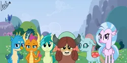 Size: 1600x800 | Tagged: safe, artist:lnx1ynight16, derpibooru import, gallus, ocellus, sandbar, silverstream, smolder, yona, changedling, changeling, dragon, earth pony, gryphon, hippogriff, pony, yak, image, outdoors, png, smiling, student six