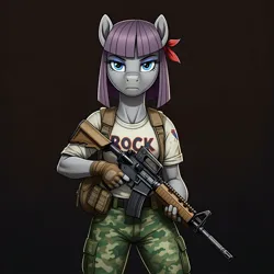 Size: 1024x1024 | Tagged: safe, ai content, derpibooru import, generator:google imagen 3.0, machine learning generated, prompter:zerowinger, maud pie, anthro, earth pony, g4, assault rifle, bandana, clothes, cosplay, costume, fatigues, female, fingerless gloves, g.i. joe, gloves, gradient background, gun, image, jpeg, outback, rifle, shirt, soldier, solo, t-shirt, weapon