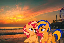 Size: 900x600 | Tagged: safe, artist:mlpfan3991, artist:stephen-fisher, derpibooru import, sunset shimmer, oc, oc:flare spark, pegasus, pony, unicorn, g4, beach, canon x oc, duo, duo female, female, horn, image, irl, jpeg, lesbian, photo, pier, santa monica, ship:flareset, sunset, sunset shimmer day