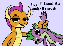 Size: 2048x1488 | Tagged: safe, artist:ewoudcponies, derpibooru import, smolder, spike, dragon, g4, dialogue, dragoness, duo, duo male and female, female, holding a dragon, image, lidded eyes, male, no iris, png, purple background, simple background, talking to viewer