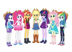 Size: 2200x1600 | Tagged: safe, artist:cwt10101, derpibooru import, applejack, fluttershy, pinkie pie, rainbow dash, rarity, sci-twi, sunset shimmer, twilight sparkle, equestria girls, g4, applejack's hat, applejack's skirt, clothes, converse, cowboy hat, cowgirl, fluttershy boho dress, hat, humane five, humane seven, humane six, image, pink skirt, png, purple skirt, rah rah skirt, rarity peplum dress, sci-twi skirt, shoes, simple background, skirt, transparent background