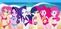 Size: 2646x1269 | Tagged: suggestive, derpibooru import, applejack, bon bon, fluttershy, pinkie pie, rainbow dash, rarity, starlight glimmer, sweetie drops, twilight sparkle, twinkleshine, equestria girls, g4, beach, beautiful, beauty, bikini, caption, clothes, image, image macro, mane six, png, sexy, spoilers for another series, swimsuit, text