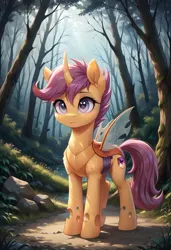 Size: 800x1169 | Tagged: safe, ai content, derpibooru import, machine learning generated, prompter:gregorymars, stable diffusion, scootaloo, changedling, changeling, pony, g4, changedlingified, cutie mark on changeling, female, forest, generator:pony diffusion v6 xl, image, jpeg, mare, nature, outdoors, scootaling, solo, species swap, tree