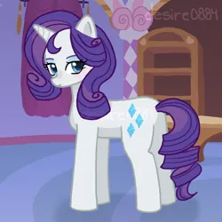 Size: 4000x4000 | Tagged: safe, artist:desire0884, derpibooru import, rarity, pony, unicorn, g4, alternate hairstyle, background, blue eyes, blushing, boutique, cute, cutie mark, detailed background, ear blush, eyebrows, female, horn, image, indoors, looking at you, makeup, mane, mare, png, pretty, purple hair, purple mane, serious, serious face, shine, signature, solo, tail