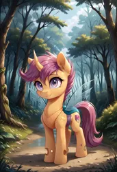 Size: 800x1169 | Tagged: safe, ai content, derpibooru import, machine learning generated, prompter:gregorymars, stable diffusion, scootaloo, changedling, changeling, pony, g4, changedlingified, cutie mark on changeling, female, forest, generator:pony diffusion v6 xl, image, jpeg, mare, nature, outdoors, scootaling, solo, species swap, tree