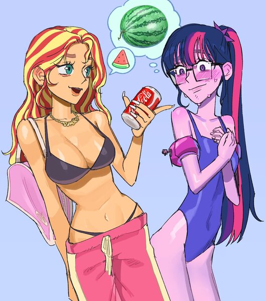 Size: 1690x1912 | Tagged: safe, artist:ridovax, derpibooru import, sci-twi, sunset shimmer, twilight sparkle, equestria girls, g4, bags under eyes, bikini, breasts, busty sunset shimmer, clothes, coke, drink, duo, food, image, jpeg, soda, swimsuit, watermelon