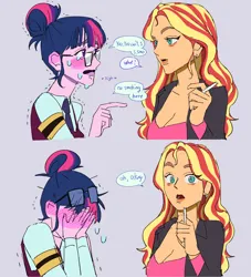 Size: 1920x2118 | Tagged: safe, artist:ridovax, derpibooru import, sci-twi, sunset shimmer, twilight sparkle, equestria girls, g4, bags under eyes, breasts, busty sunset shimmer, duo, female, image, jpeg, lesbian, nervous, ship:sci-twishimmer, shipping, simple background, smoking, sunsetsparkle