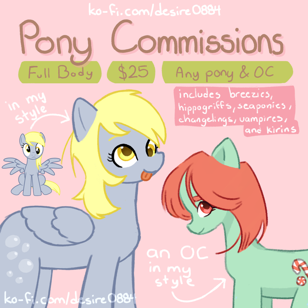 Size: 4000x4000 | Tagged: safe, artist:desire0884, derpibooru import, derpy hooves, oc, earth pony, pegasus, pony, g4, advertisement, advertisement in description, advertising, any gender, any species, commission, commission info, commission info in description, commission open, female, folded wings, food, full body, gray coat, green coat, image, looking at you, mare, muffin, pink background, png, red hair, simple background, smiling, tongue out, wings, yellow eyes, yellow hair