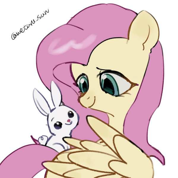 Size: 4096x4096 | Tagged: safe, artist:metaruscarlet, derpibooru import, angel bunny, fluttershy, pegasus, pony, rabbit, g4, animal, image, looking at each other, looking at someone, png, simple background, white background, wings