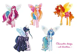 Size: 600x422 | Tagged: safe, artist:danielle star, derpibooru import, alicorn, pony, barely pony related, cleo (melowy), cora (melowy), electra (melowy), female, image, jpeg, mare, maya (melowy), melowy, selena (melowy), simple background, white background