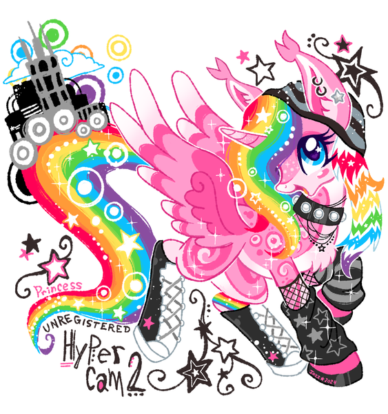 Size: 1500x1600 | Tagged: safe, artist:sparkleanimal, derpibooru import, oc, oc:princess unregistered hypercam 2, unofficial characters only, alicorn, pony, alicorn oc, black hooves, blank flank, blue eyes, blush sticker, blushing, chest fluff, clothes, coat markings, colored belly, colored hooves, colored horn, colored horntip, colored pinnae, colored wings, colored wingtips, coontails, ear fluff, ear piercing, ear tufts, earring, ethereal mane, ethereal tail, eye markings, eyelashes, facial markings, female, female oc, fishnet clothing, fishnets, frutiger metro, gradient wingtips, hat, heart, heart eyes, high tops, hoof shoes, hooves, horn, image, jewelry, leg markings, leg warmers, mare, mare oc, mealy mouth (coat marking), multicolored hair, multicolored mane, multicolored tail, open mouth, open smile, pale belly, piercing, pink coat, png, preview, profile, rainbow hair, rainbow tail, shiny hooves, shoes, signature, simple background, smiling, sneakers, socks, solo, sparkles, sparkly horn, sparkly mane, spread wings, star earring, starry eyes, starry mane, starry tail, stockings, striped leg warmers, studded collar, swirls, swirly markings, tail, tall ears, thigh highs, two toned horn, unicorn horn, white background, white wingtips, wing markings, wingding eyes, wings