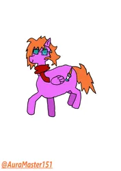 Size: 2480x3508 | Tagged: safe, artist:auramaster151, derpibooru import, oc, oc:aura star, pony, clothes, glasses, green eyes, image, messy mane, orange mane, orange tail, pink body, png, red scarf, scarf, simple background, solo, tail, watermark, white background