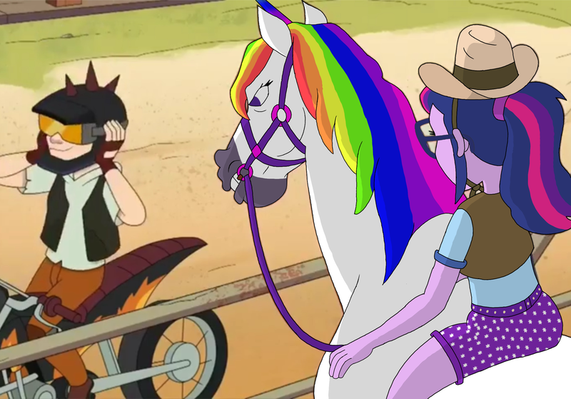 Size: 2388x1668 | Tagged: safe, artist:kaigirly, derpibooru import, edit, edited screencap, screencap, sci-twi, twilight sparkle, horse, equestria girls, g4, cowboy hat, cowgirl, hailey's on it!, hat, horsebackriding, image, motorcycle, png