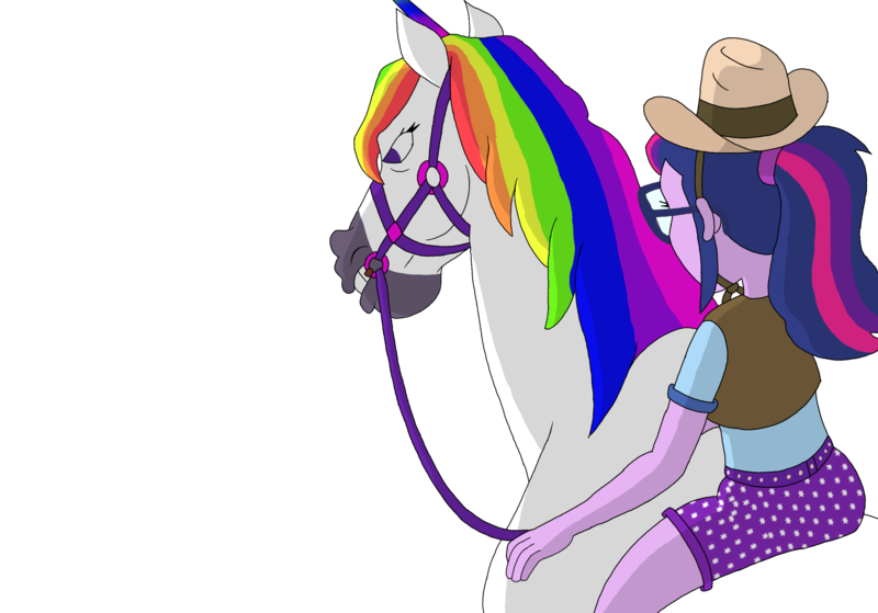 Size: 2388x1668 | Tagged: safe, artist:kaigirly, derpibooru import, sci-twi, twilight sparkle, horse, equestria girls, g4, cowboy hat, cowgirl, hailey's on it!, hat, horsebackriding, image, png, simple background, transparent background