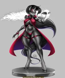 Size: 5000x5990 | Tagged: suggestive, artist:linor goldenfish, derpibooru import, oc, unofficial characters only, anthro, unguligrade anthro, unicorn, bra, breasts, cape, cleavage, clothes, female, fingerless gloves, gloves, gray background, horn, image, jpeg, panties, scar, signature, simple background, solo, solo female, underwear, unicorn oc