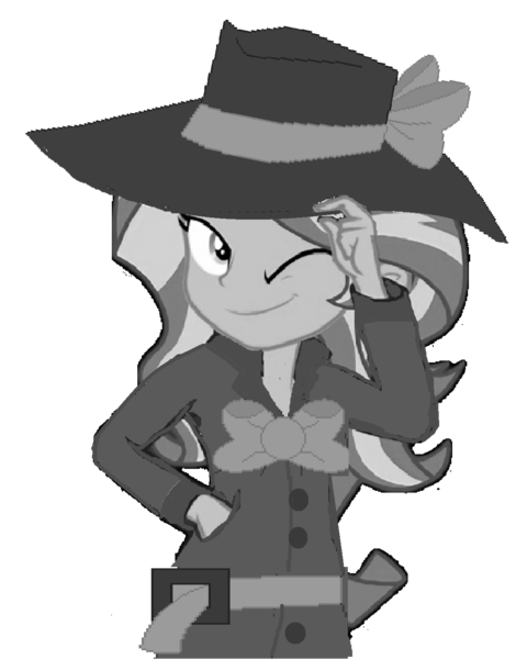 Size: 1126x1438 | Tagged: safe, artist:mlpfan3991, derpibooru import, rarity, sunset shimmer, human, equestria girls, g4, black and white, clothes, detective, detective rarity, detective shimmer, fedora, female, grayscale, hat, image, monochrome, noir, png, simple background, solo, sunset shimmer day, transparent background, trenchcoat