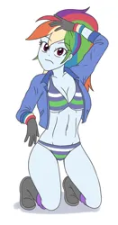 Size: 1009x1920 | Tagged: suggestive, artist:sumin6301, derpibooru import, rainbow dash, human, equestria girls, g4, 2022, belly, belly button, boots, breasts, busty rainbow dash, clothes, eyebrows, eyebrows visible through hair, female, gloves, hand on head, image, jacket, jpeg, kneeling, looking at you, open clothes, open jacket, panties, ponytail, shoes, simple background, solo, solo female, sports bra, striped bra, striped panties, striped underwear, underwear, white background