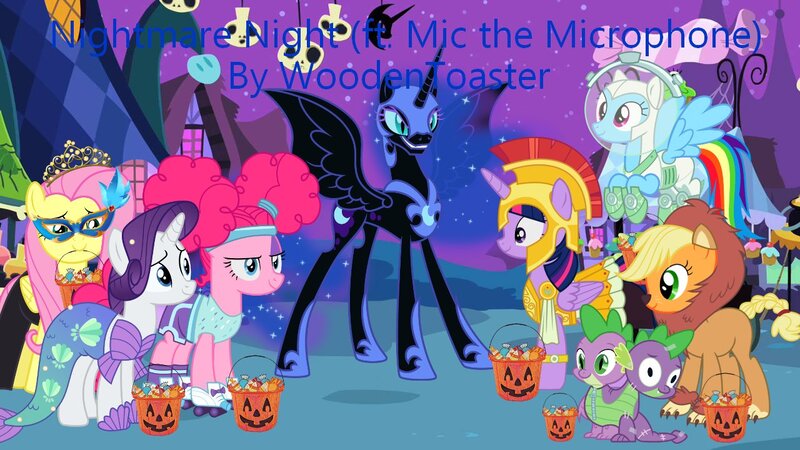 Size: 1280x720 | Tagged: safe, artist:creaciones-jean, artist:timelordomega, artist:user15432, artist:woodentoaster, artist:xastralatlasx, derpibooru import, applejack, fluttershy, nightmare moon, pinkie pie, rainbow dash, rarity, spike, twilight sparkle, twilight sparkle (alicorn), alicorn, big cat, dragon, earth pony, lion, mermaid, pegasus, pony, unicorn, g4, animal costume, applelion, armor, astrodash, astronaut, athena, athena sparkle, bucket, candy, centurion, clothes, costume, dragon costume, face paint, food, halloween, halloween costume, helmet, holiday, hydraspike, image, jpeg, lion costume, mane six, mask, masquerade mask, mermaid costume, mermarity, multiple heads, nightmare night, nightmare night costume, pinkie puffs, ponyville, rarity's mermaid dress, roller skates, spacesuit, two heads, two-headed dragon