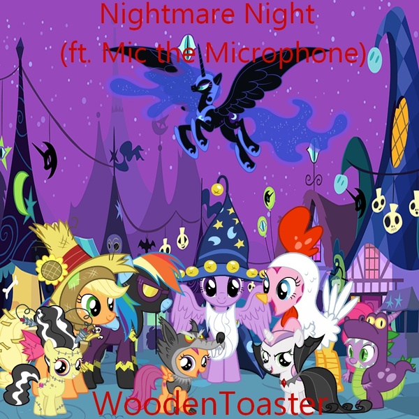 Size: 900x900 | Tagged: safe, artist:user15432, artist:woodentoaster, derpibooru import, apple bloom, applejack, nightmare moon, pinkie pie, rainbow dash, scootaloo, spike, sweetie belle, twilight sparkle, twilight sparkle (alicorn), alicorn, dragon, earth pony, pegasus, pony, unicorn, vampire, g4, album, album cover, animal costume, bride of frankenstein, chicken costume, chicken pie, chicken suit, clothes, costume, cutie mark crusaders, dragon costume, frankenstein costume, frankenstein's monster, goggles, halloween, halloween costume, hat, holiday, image, jpeg, nightmare night, nightmare night costume, ponyville, scarecrow, scarecrow costume, scootawolf, shadowbolt dash, shadowbolts costume, star swirl the bearded costume, straw hat, vampire costume, wizard hat, wizard robe, wolf costume