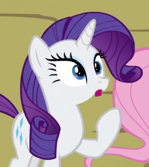 Size: 303x339 | Tagged: safe, derpibooru import, screencap, fluttershy, rarity, pegasus, unicorn, g4, season 4, twilight's kingdom, :o, animation error, horn, image, offscreen character, open mouth, png, surprised, wat